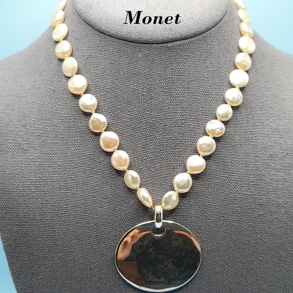 Vintage MONET Pearl Necklace Hand Knotted Toggle Clasp 17" Signed Design Jewelry